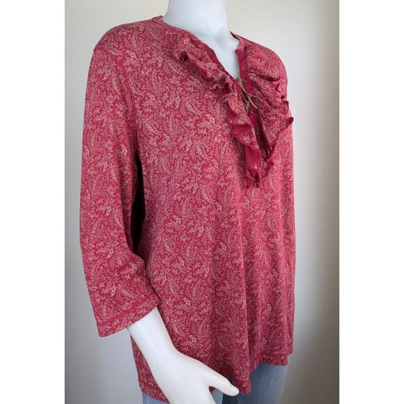 Ralph Lauren Jeans Co. Ruffled V-Neck Jersey Knit Laced Top Cranberry Floral 2X - Picture 4 of 10